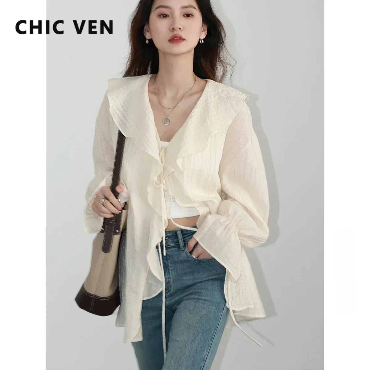 قميص نسائي فضفاض من CHIC VEN بحواف مكشكشة